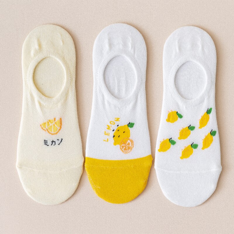3 Pairs Lot Women Cotton Invisible Socks Cute Fruits Printed Harajuku Cartoon Casual Socks Strawberry Cherry Lemon Soft Sock: 3