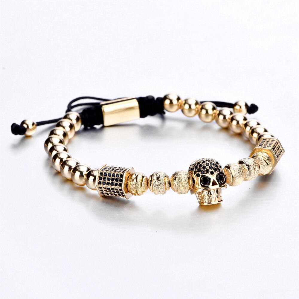 Luxury Royal Crown Skull Charm Bracelet Men Unique Gold Color Braided Adjustable Bangle Pulseira Bileklik: Gold skull