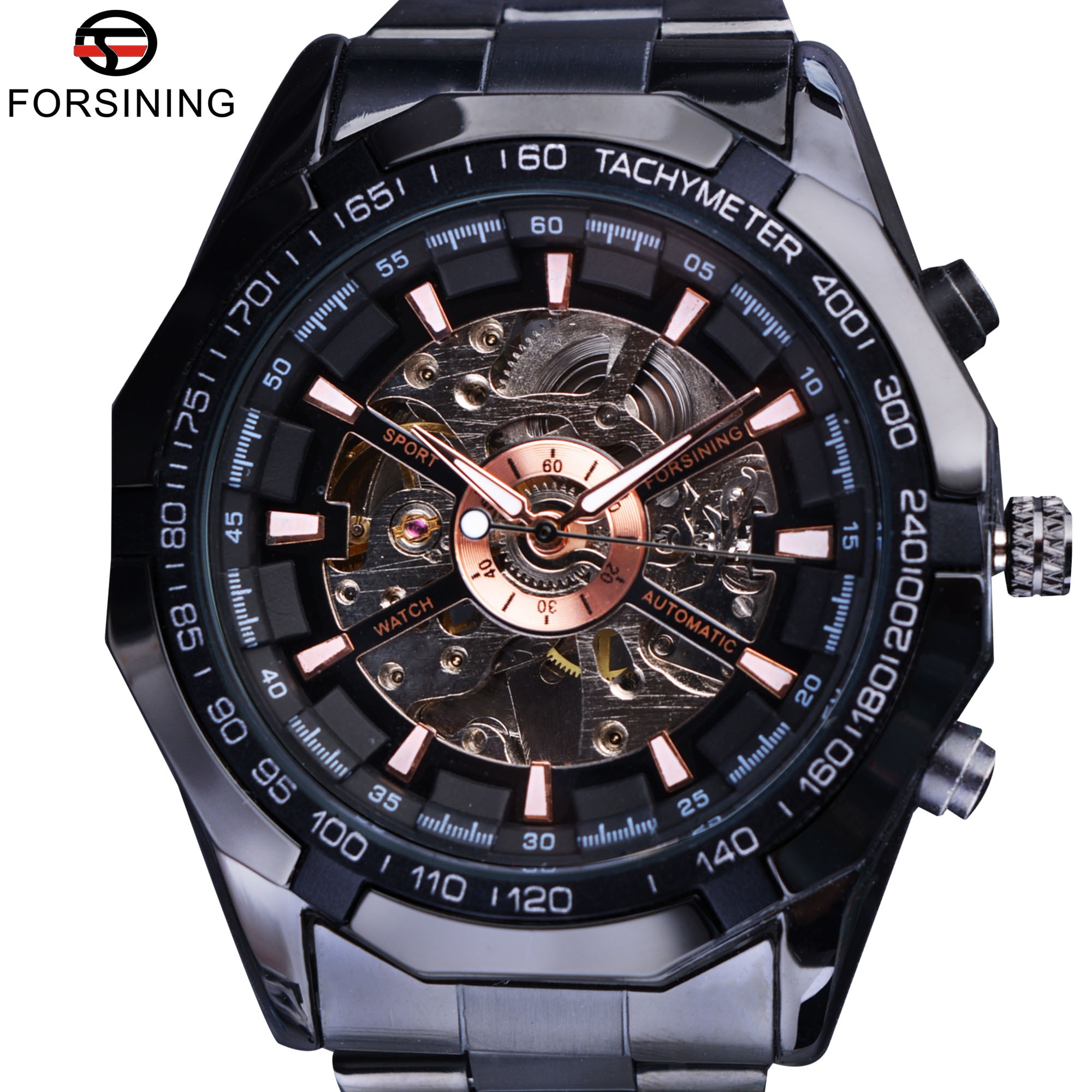 Forsining Sport Racing Skelet Rvs Black Golden Dial Top Luxe Horloges Mannen Horloge Automatische Horloge