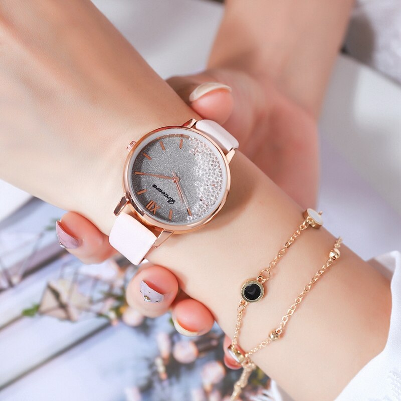 Scroll diamant dames casual leren dameshorloge quartz polshorloge sterrenhemel damesklok reloj mujer relogio feminino