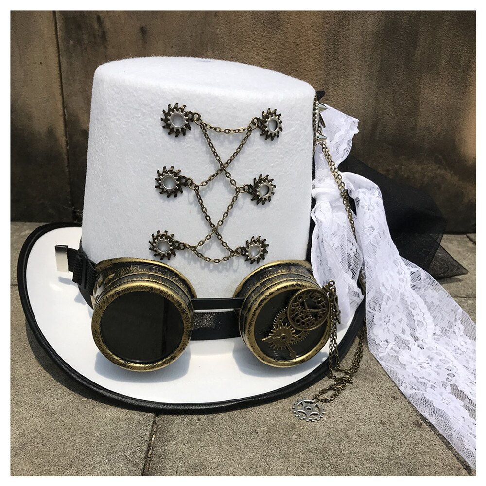 Sombrero de copa Steampunk hecho a mano para mujer, sombrero de copa Retro con gafas de engranaje y encaje, mágico para escenario, blanco, tamaño 57CM