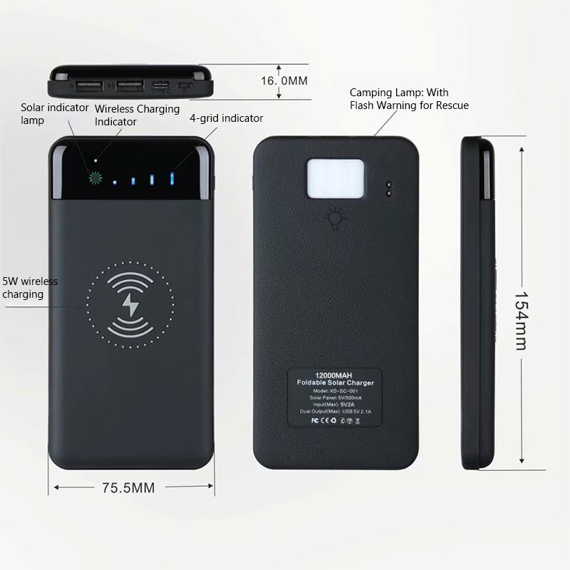 12000mAh Wireless Power Bank Foldable Solar Charger Powerbank Portable External Battery Pack for iphone 11 12 X Xiaomi Poverbank