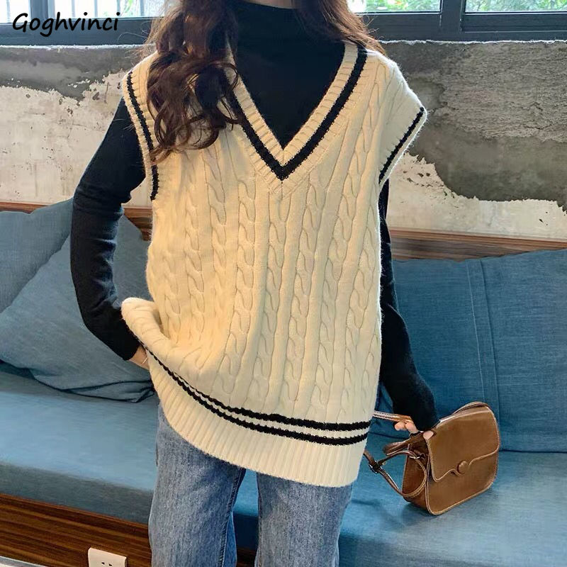Twist-knitted Vest Women Preppy-style V-neck Sleeveless Korean Loose Leisure Sweaters Students All-match Streetwear Chic