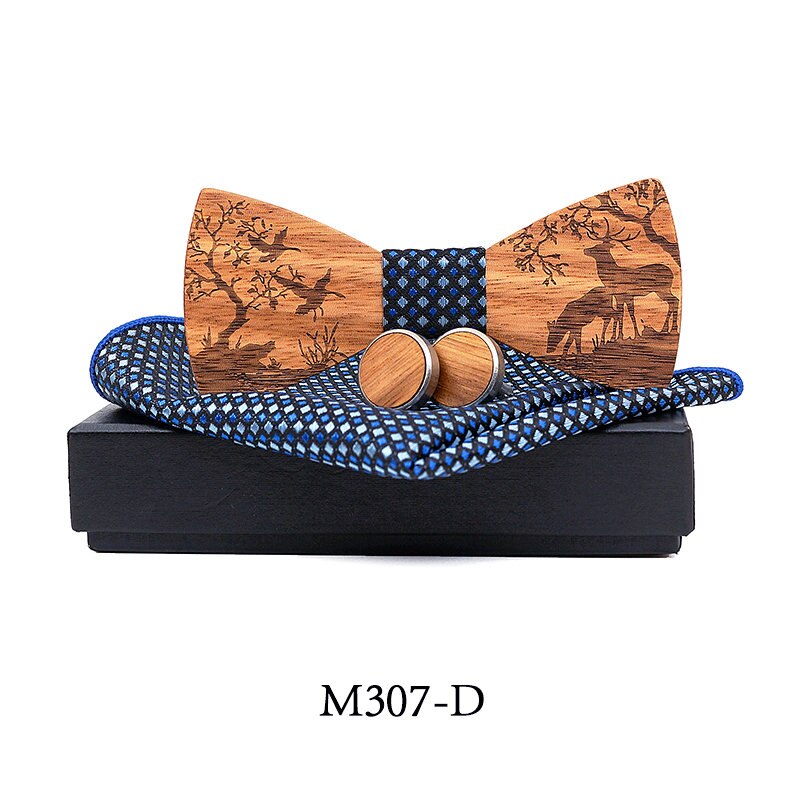 Conjunto de pajarita de madera + pañuelo + gemelos, pajaritas de madera Para el novio de boda, corbatas Para el hogar, bodas, alces de Navidad: M307-D