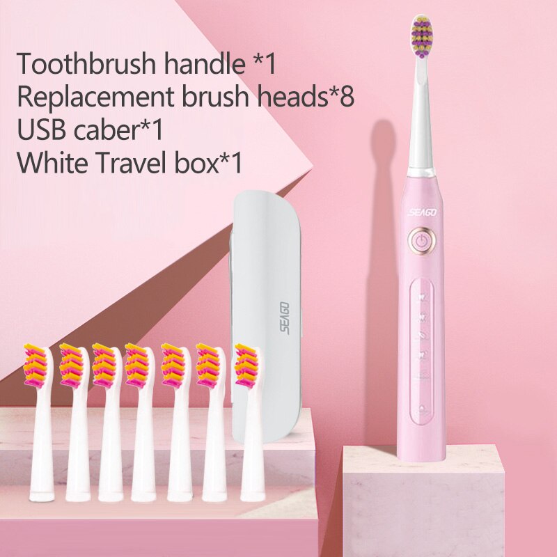 SEAGO Sonic Electric Toothbrush Adults Timer 5 Modes USB Rechargeable Tooth Brush Replacement Brush Head Nozzles Box SG-507: pink5head1box