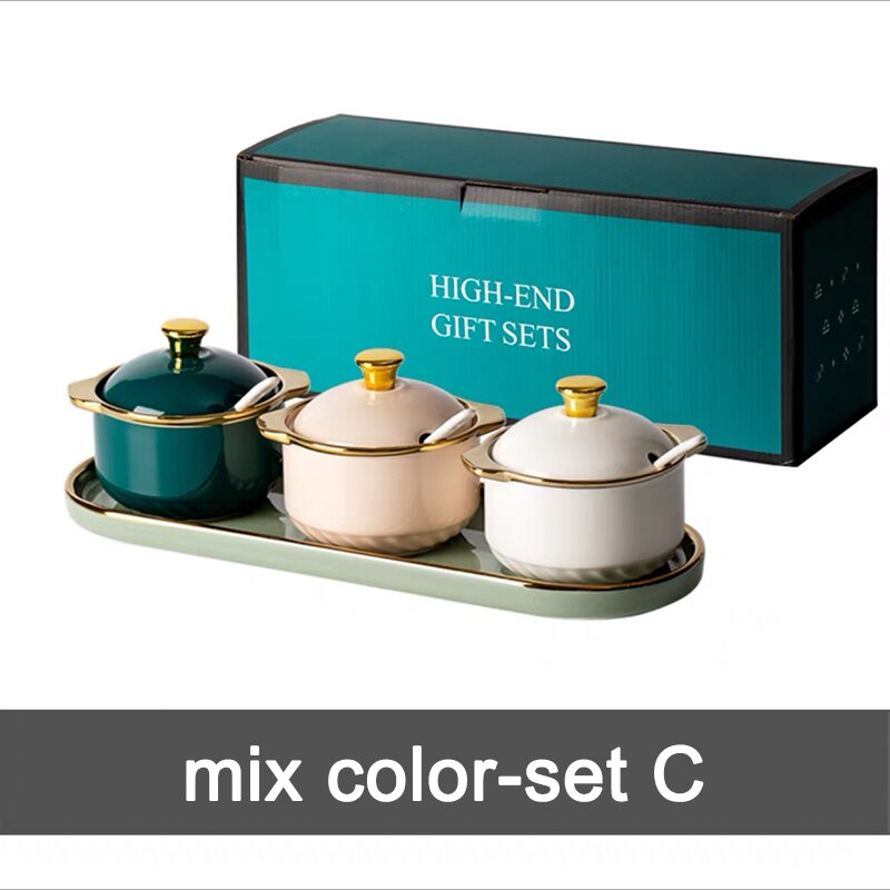 Cuenco de cerámica con tapas y cuchara para azúcar, juego de frascos de especias para condimentos de lujo, contenedor de almacenamiento de azúcar para Cocina: mix color set C
