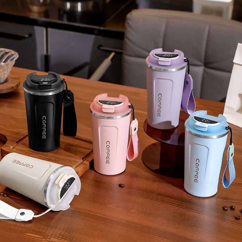 Slimme koffiebeker 510 ml roestvrijstalen thermosbeker met draagbaar touw Intelligente temperatuurweergave Reismok