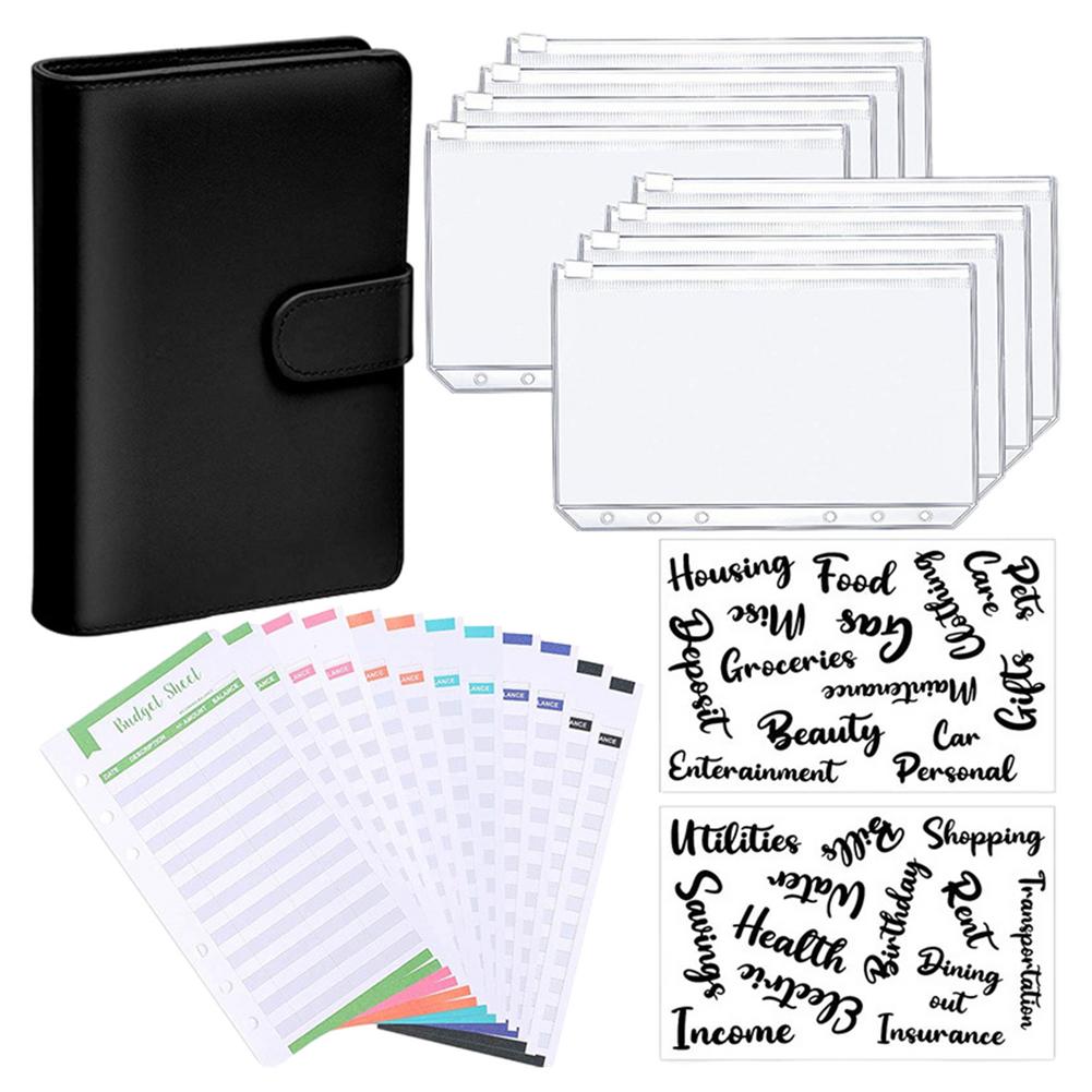 A6 Binder Zipper Bag Notebook Leather PU Loose-leaf Book Budget Handbook With Zipper Pocket Expense Budget Sheets Letter Sticker: Black