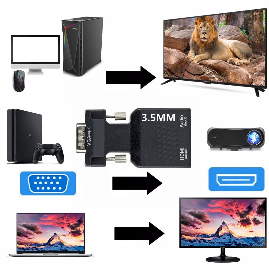Grwibeou VGA to HDMI Compatible Converter Adapter 1080P VGA HDMI Adapter For PC Laptop to HDTV Projector Video Audio Converter