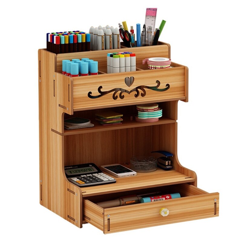 Wooden Pen Holder with Drawer Multi-Functional Desktop Stationary Pencil Box Home School Office Art Supplies Organizer Rack: Cherry Wood Color