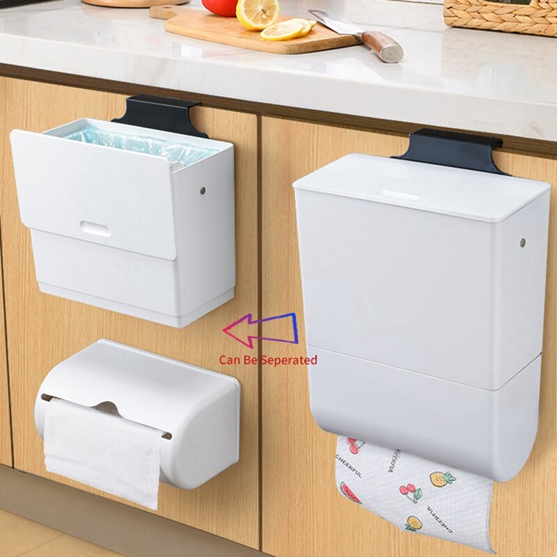 Wall Mounted Trash Can with Tissue Box for Kitchen Household Cabinet Door Waste Bin with Lid Kitchen Garbage Bin