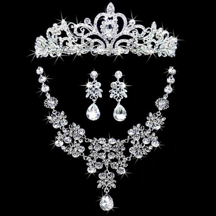 Ensembles de bijoux de mariée en cristal noble, ensemble de bijoux de mariage plaqué argent, collier diadème, boucles d'oreilles pour mariées, accessoires pour cheveux: Ensemble de bijoux 3 pièces