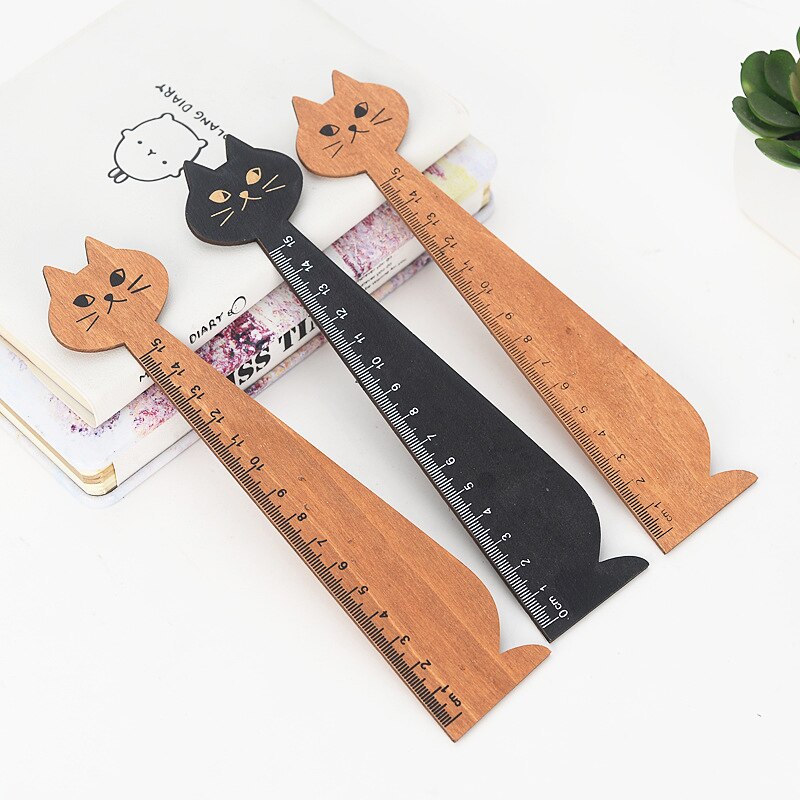 1pc Cat Wooden Ruler Brown Black Straight Ruler Wood Kawaii Drawing Tools Stationery Cartoon Ruler for Kids Office School