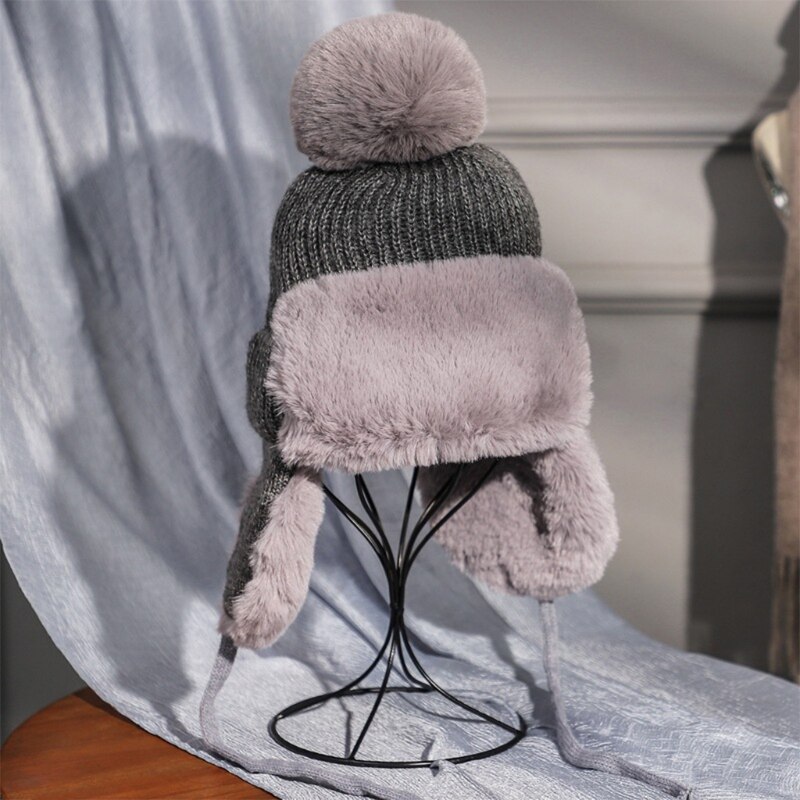 Kvinner vinterstrikk pom pom fangstmann lue tykk fluffy plysj termisk varm snø ski vindtett ensfarget lue øreklaff lokk