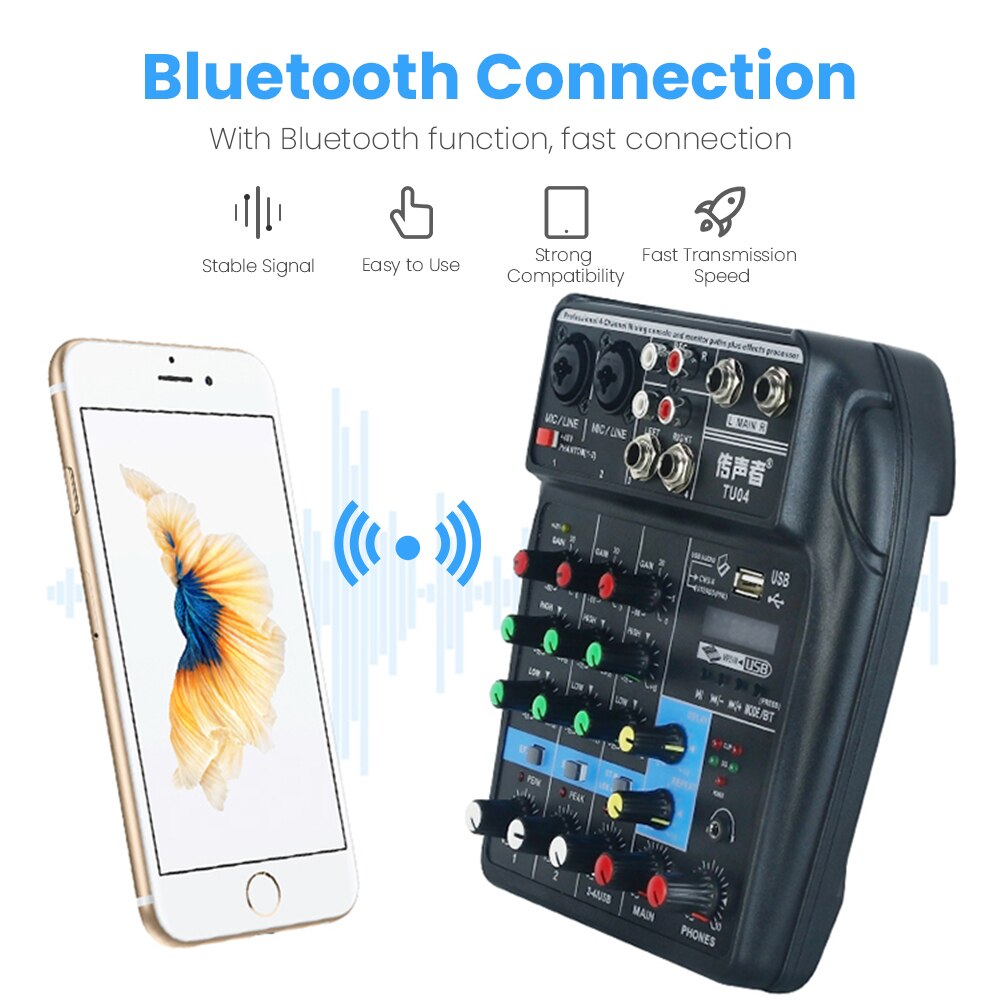 4 Kanalen Sound Mixing Console Bluetooth Audio Mixer Ingebouwde 48V Phantom Power Usbsound Card Voor Computer Vertraging repaeat Effect