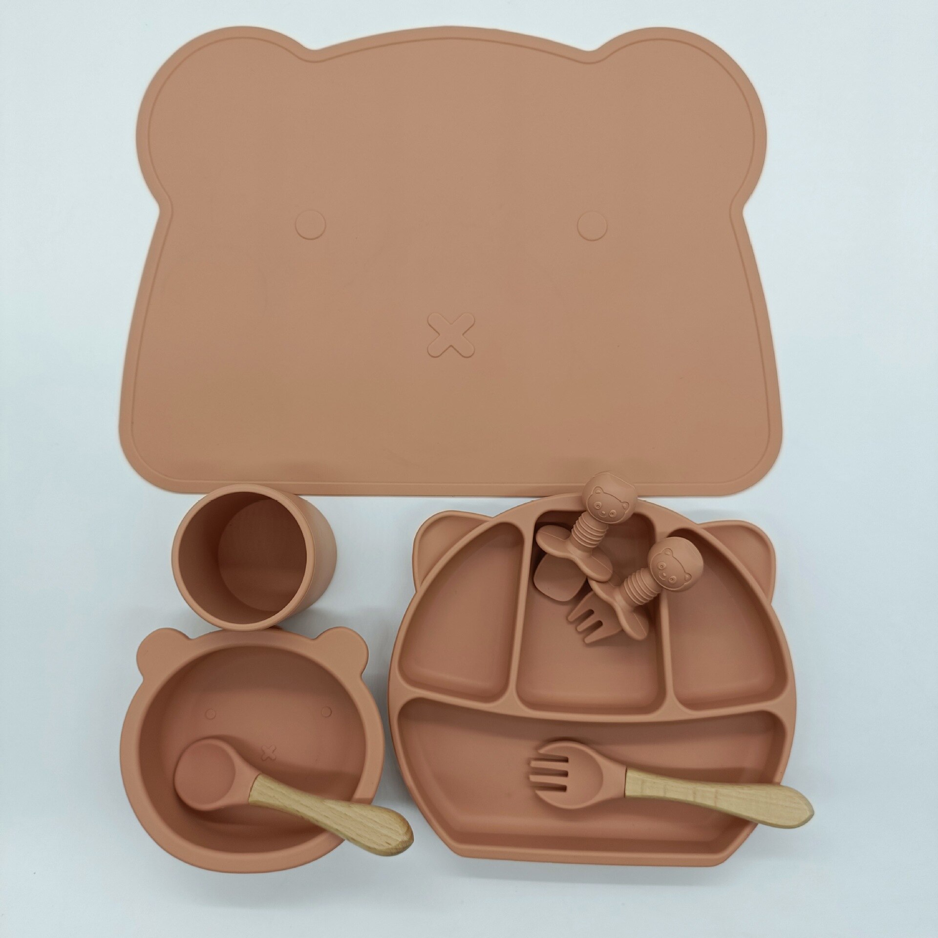 8PC Baby Silicone Sucker Plate Bowl Cup Spoon Fork Placemat Sets Food Grade Children&#39;s Compartment Training Dishes With Sucker: orange