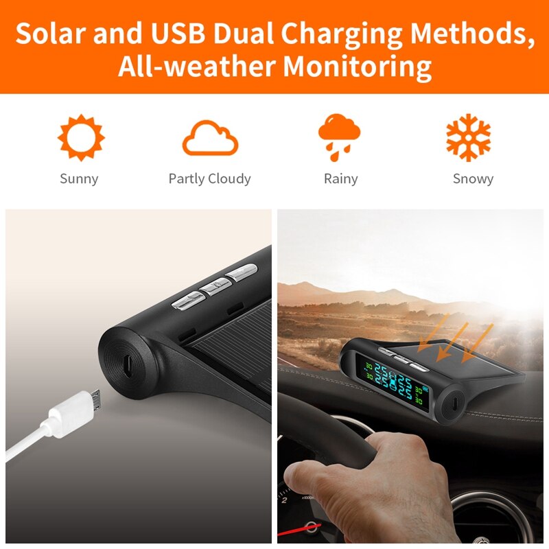 Solar tpms bil overvågning af dæktryk alarm 4 eksternt automatisk alarmsystem dæktryk temperatur advarsel