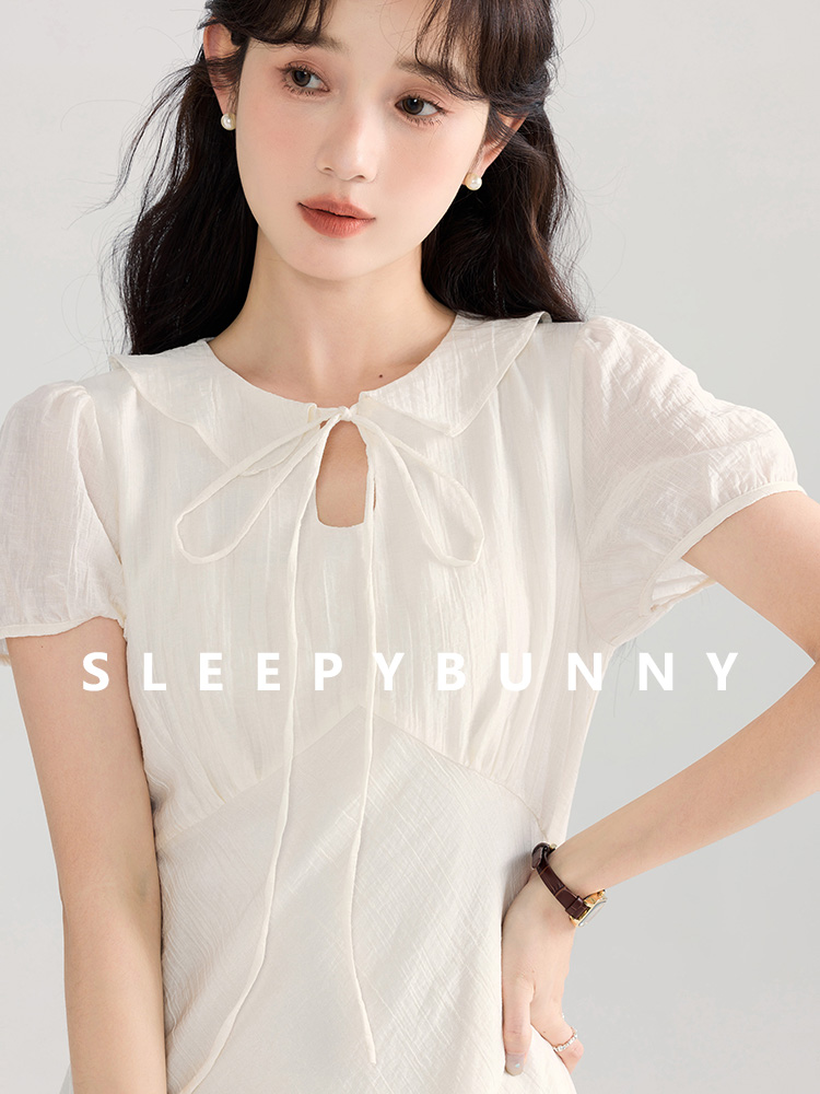 Women French Style Purple Short Sleeve Dress Waist-Cinching Puff Sleeve Long Dress Petite Fit Soft and Feminine Dress: M / Beige