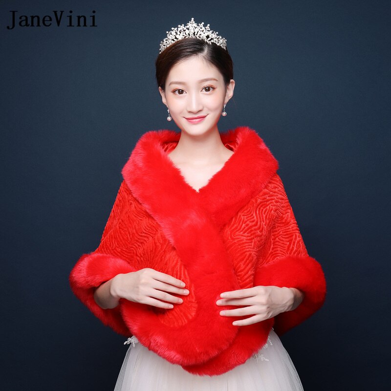JaneVini Winter White Fur Cape Shawl for Women Wedding Boleros Stole Red Faux Fur Formal Party Wrap Shrugs Jacket Chale Fourrure