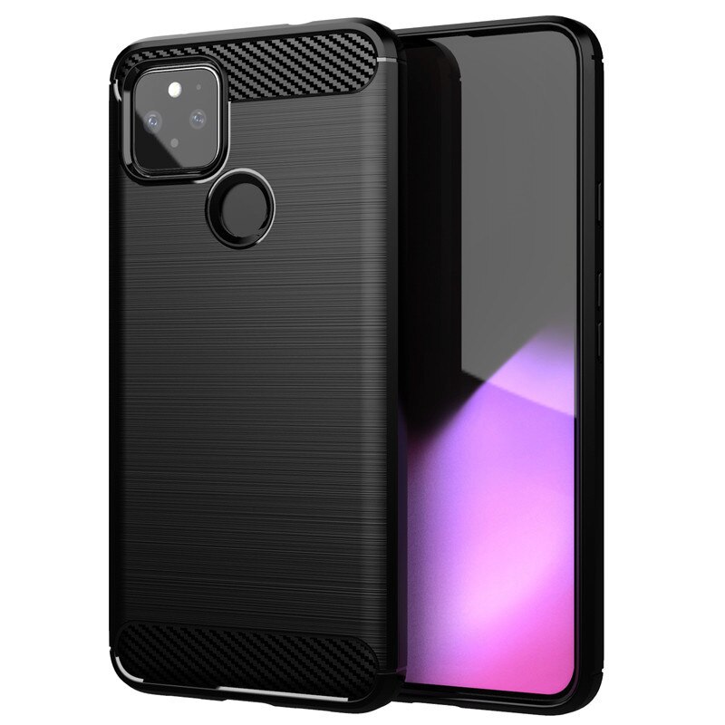 Carbon Fiber For Google Pixel 4a 5G Case + Tempered glass Soft Protection TPU Silicon Gel Skin Google Pixel 5 Cover: Google Pixel 5 / Black / Case and Tem glass