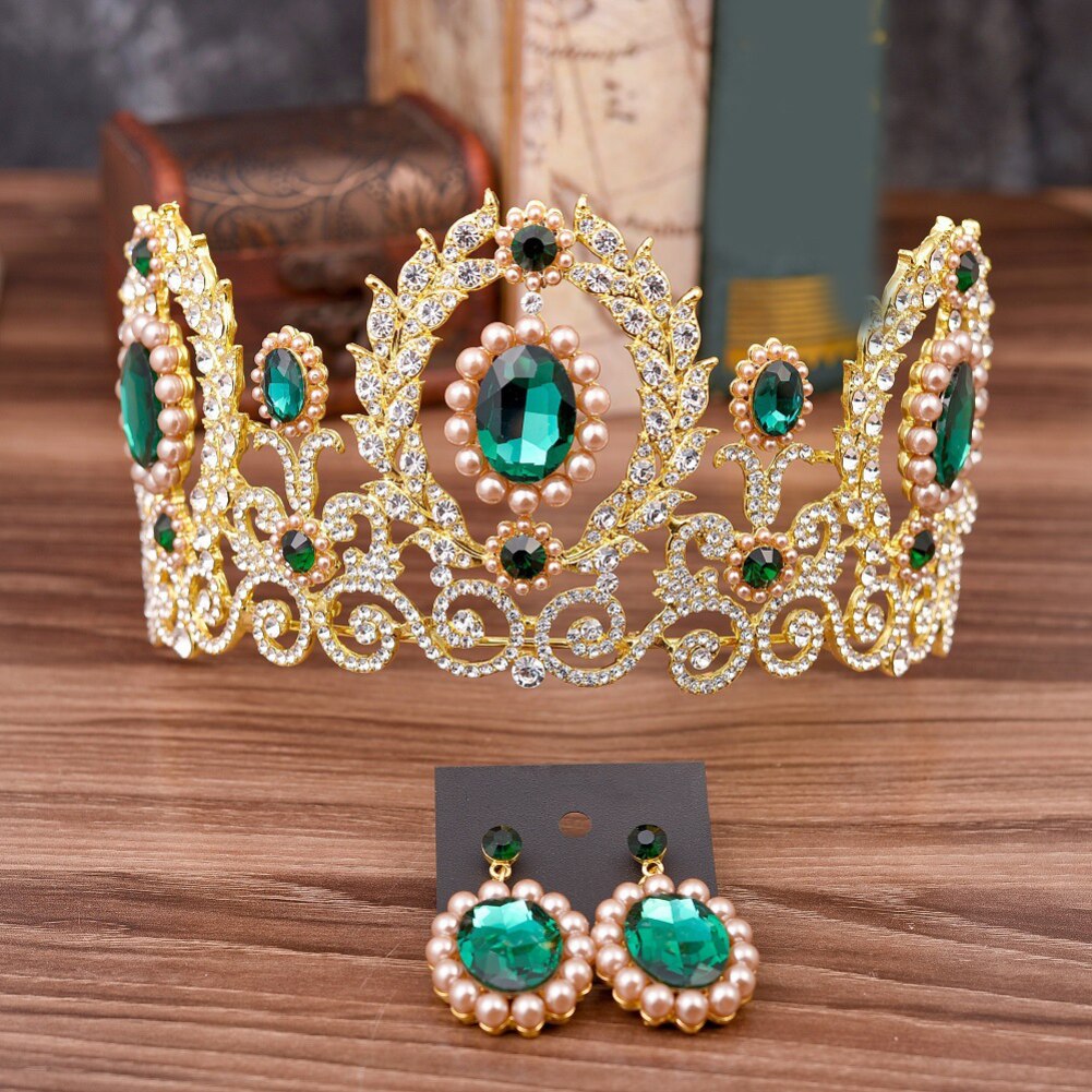 Barroco feminino strass falso pérola coroa tiara brincos conjunto de jóias de casamento