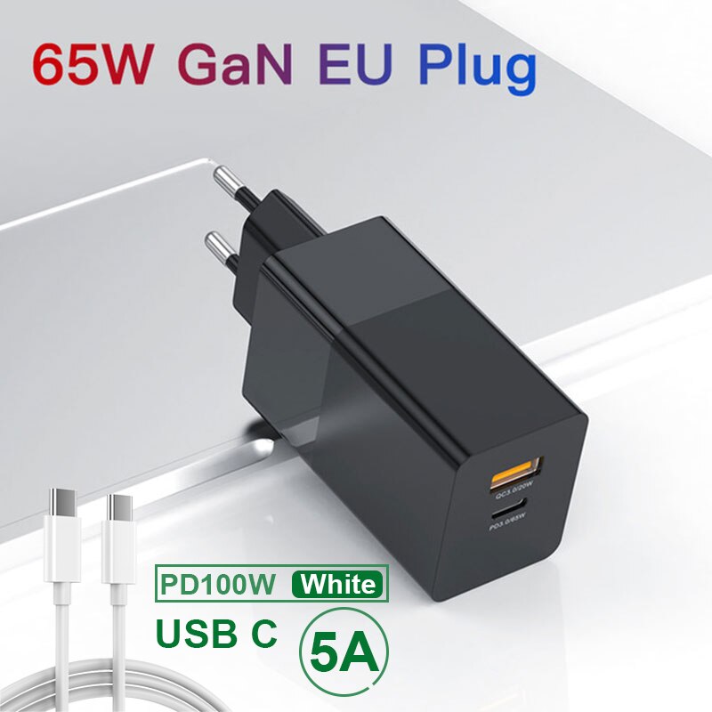 65w adaptador gan carregador pd usb carregamento rápido para xiaomi iphone 12 samsung celular quik carga 3.0 tipo-c carga eua ue plug: Black EU-Data line