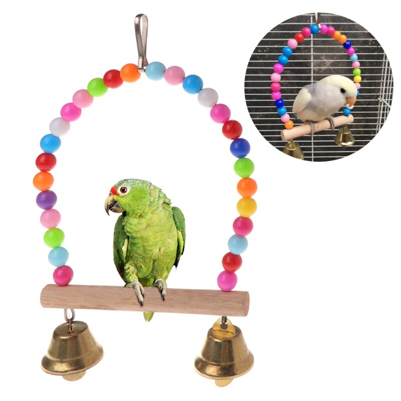Natural Wooden Parrots Swing Toy Birds Perch Hanging Swings Cage With Colorful Beads Bells Toys Bird Supplies