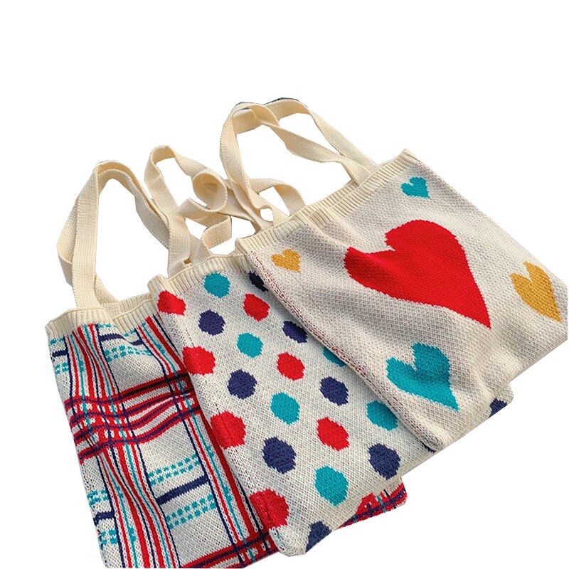 Knitting Bag Knitted Embroidered Shopping Bags Knitting Jacquard Pattern Cute Shopping Bag LadiesTeenagers Handbag