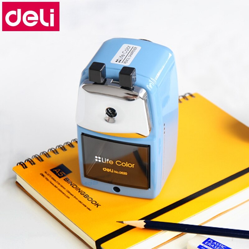 Deli 0620 Sacapuntas de lápiz con manivela manual Sacapuntas de estudiante lápiz infantil afilador de 2 colores giratorios tipo lápiz con accesorio para mesa