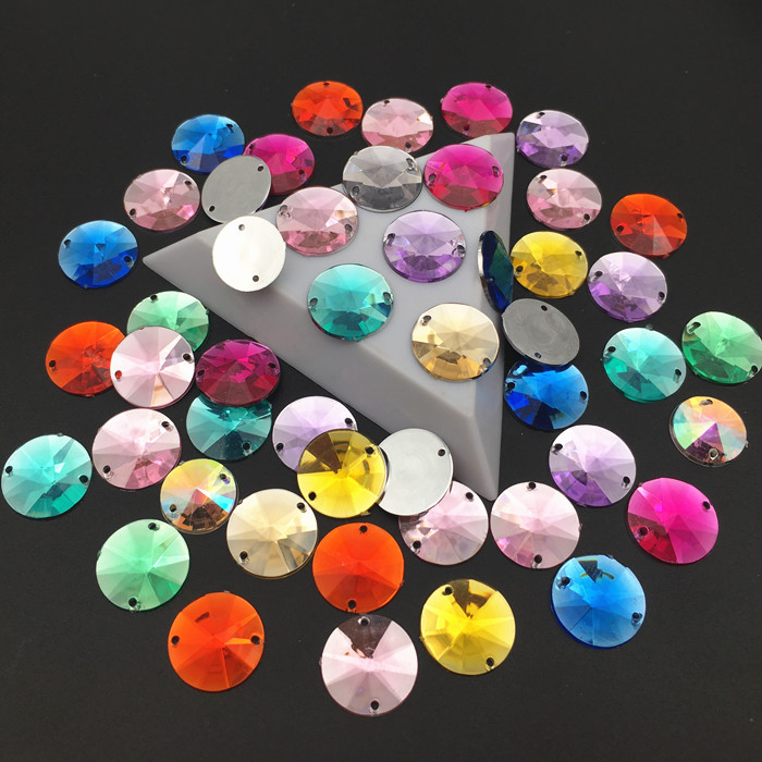 14mm 50 stuks Ronde Naaien Acryl Rhinestone Naai Op Punt Facet Kristallen Plaksteen Twee Gaten Rivoli Naai-On kledingstuk Stenen