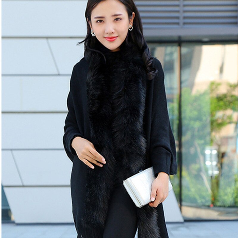 Forår damer faux fur krave cape sjal cardigan grå kvinder kvaststrik cardigan sweater poncho vinter varm frakke
