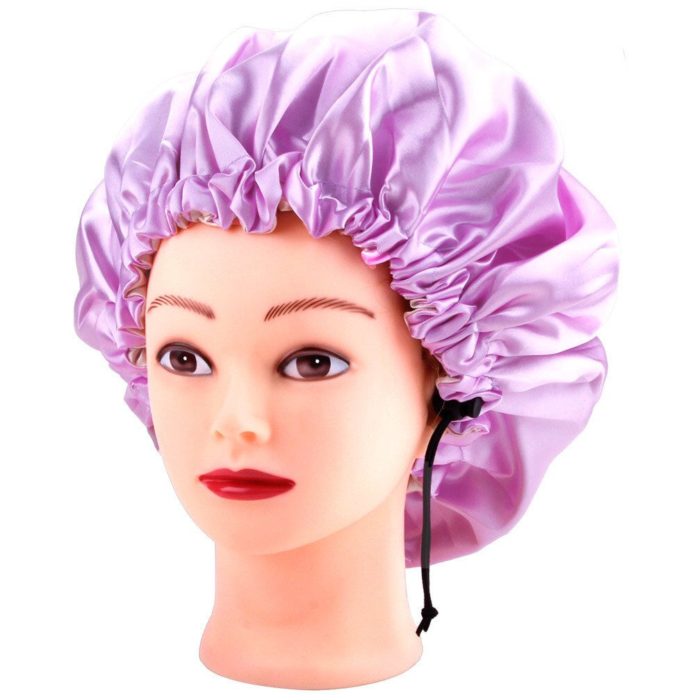 Gorro de satén Reversible para dormir, gorro de seda para mujer, gorro para el pelo de noche, cubierta para la cabeza, sombrero de doble capa ajustable, accesorios para peinados rizados: Light Purple