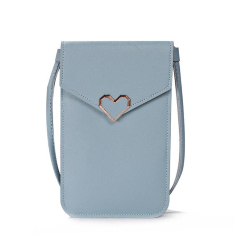 Cartera de bolsillo para exteriores para mujer, bolso cruzado decorativo con forma de corazón, pantalla táctil para teléfono móvil: light blue 2