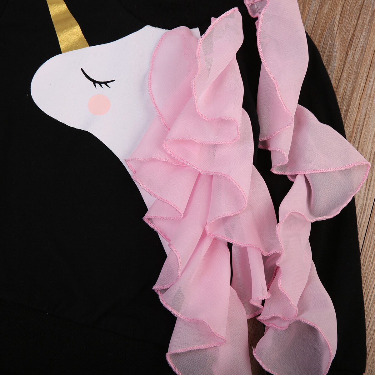 Cute Newborn Baby Girls Long Sleeve 3D Unicorn Pink Lace Ruffle Long Sleeve Black Tops T shirt Clothes