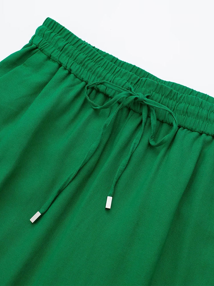 Summer Thin Linen Women Pants Drawstring High Waisted Side Pockets Full Length Straight Pant Female Trousers