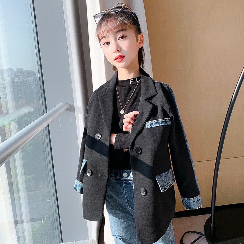Blazer à Double boutonnage noir pour fille, veste en Denim avec coutures, vêtement d&#39;extérieur formel pour adolescent et enfant de 3 à 12 ans, nouvelle printemps-automne 2022