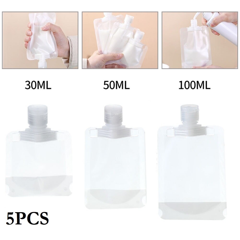 Bolsas de plástico para líquidos, dispensador de líquido a prueba de fugas, reutilizable, portátil, de viaje, para maquillaje, 5 piezas, 30/50/100ml