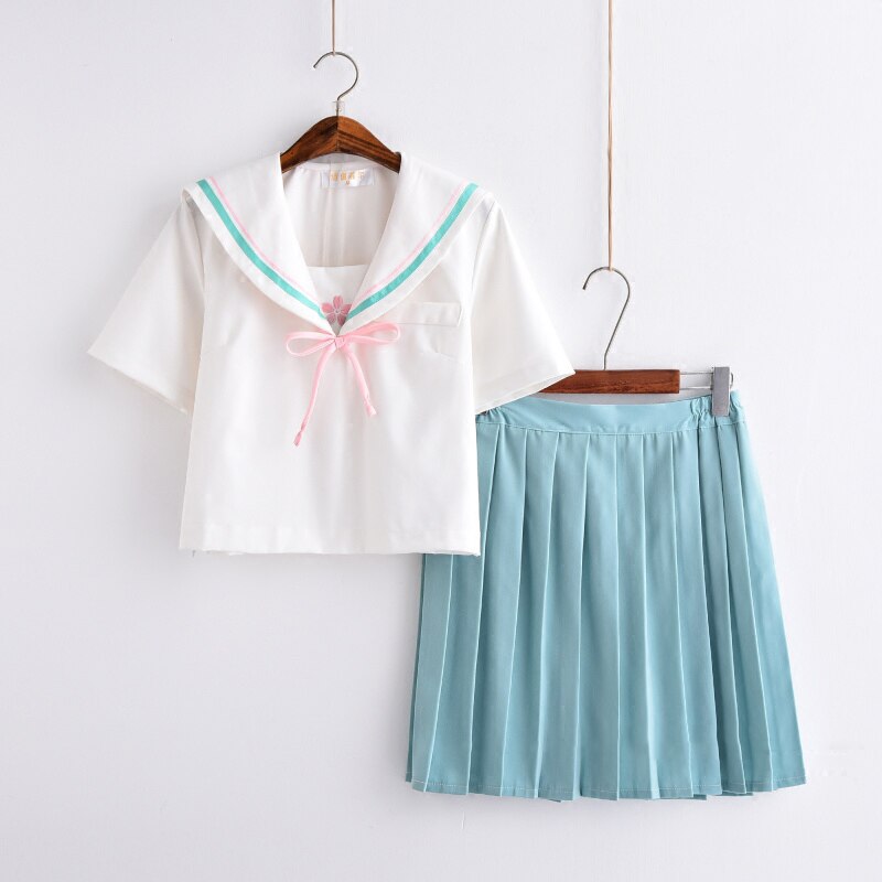 UPHYD Anime School Uniform Lolita Sailor Suits Japan Korea Teen Girls Chorus Uniforms White Shirt and Light Green Pleated Skirt: Short Sleeve Set / S