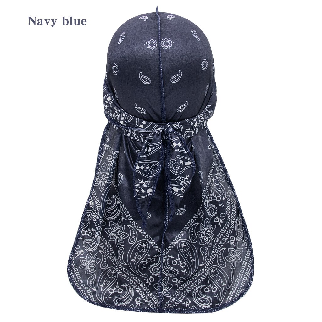 Satin- männer dehnbar Kappe Hüfte hüpfen Du Doo Lappen Durag Perücken Turban Bandana Headwear Feste Farbe lange Hütte Binden schwanz Haar Zubehör: Marine Blau