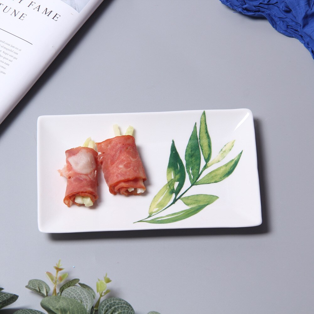 8 Inches Nordic Leaf Rectangle Ceramic Plate Green Plant Porcelain Dinner Plate Dessert Steak Sushi Tray Snack Dish Tableware: Olive