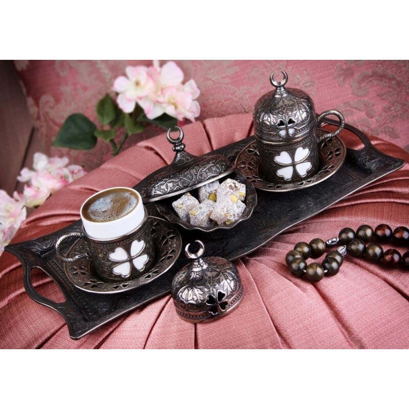 Turkse Koffie Set Arabische Poef Griekse Authentieke Product Met Historische Patroon Espresso Serveren Copper & Silver: Antique