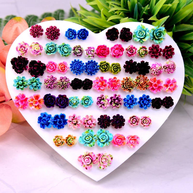 36 Pairs Mixed Style Anti Allergy Girls ear rings Plastic Rose Flower Stud Earrings for Women Trendy Jewelry