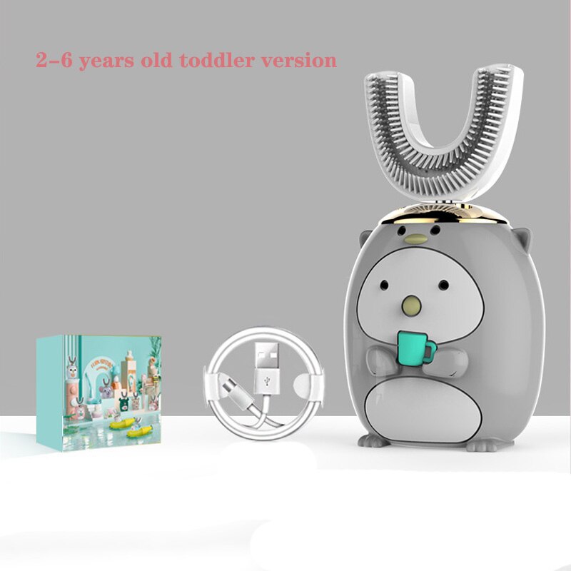 U Shape Smart 360 Angle Cartoon Teeth Cleaner Electric Toothbrush for Kids 2-6Y Teether Automatic Ultrasonic Teether Waterproof: gray 2-6 years old