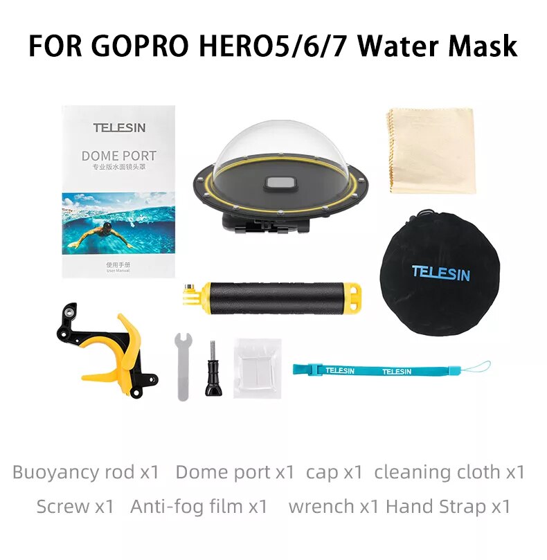 TELESIN-Funda impermeable para Puerto de cúpula de buceo, GoPro Hero carcasa para 10, 9, Black, Hero 8, 7, 6, 5, piezas de cámara de montaje flotante: For Hero 5 6 7