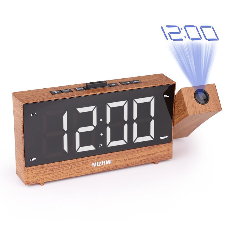 Projektion väckarklocka fm radio led display digital skrivbordsklocka 180 graders justerbar projektor snooze elektroniska dubbla larm