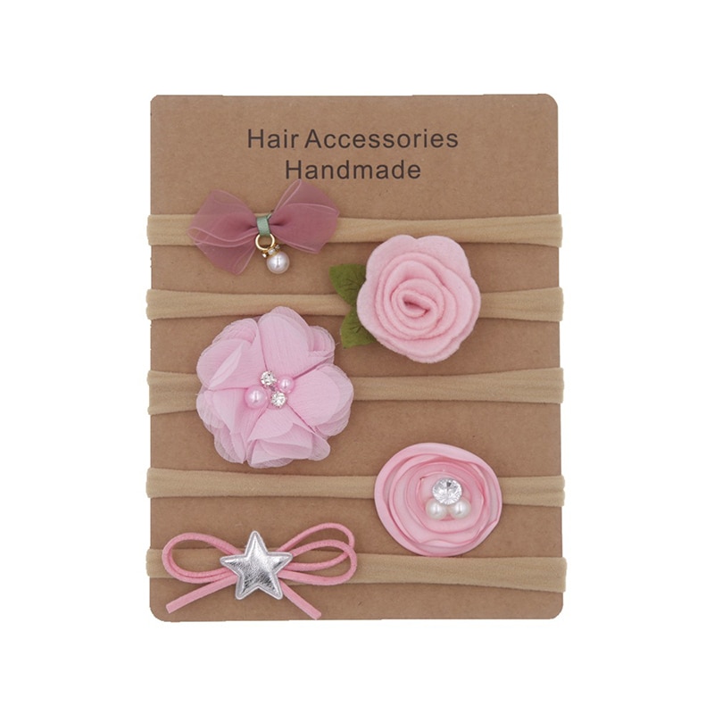 5 Pcs/Set Nylon Soft Baby Headband Pearl Flower Baby Girl Headbands Lace Bow Infant Kids Elastic Hair Band