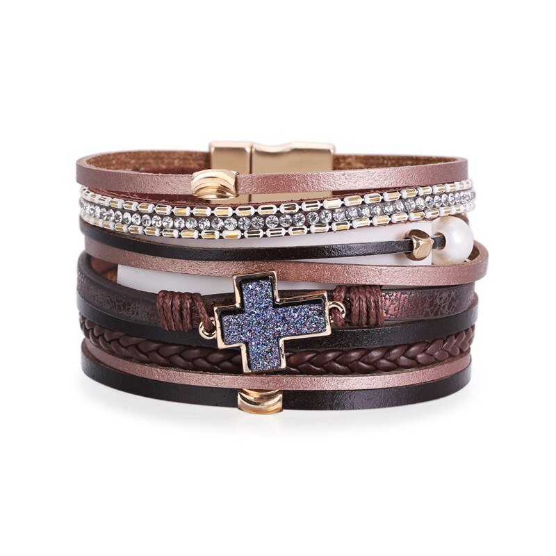 Multi-Layer Leather Wrap Bracelet Boho Braided Cuff Bangle Crystal Bead Bracelets Rhinestone Magnetic Clasp Bracelet for Women