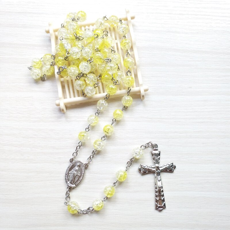 Retro rosenkrans pärlor halsband för kvinnor kors jesus hänge religiösa kristna smycken berlock: Gul