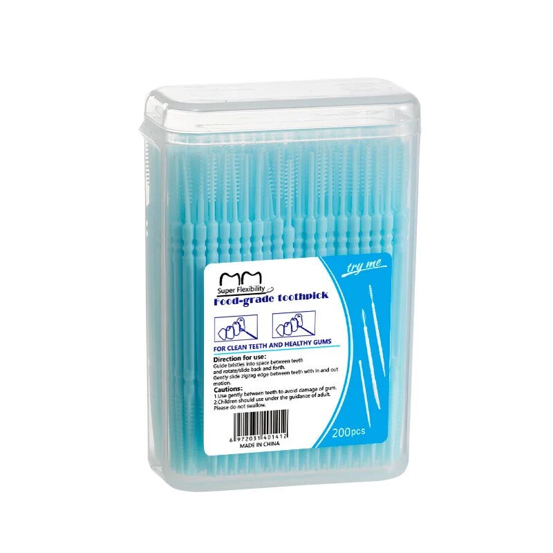 Pennello per stuzzicadenti in plastica 200 pezzi stuzzicadenti in scatola di plastica usa e getta per uso domestico spazzolino interdentale per la raccolta dei denti filo interdentale: Blu