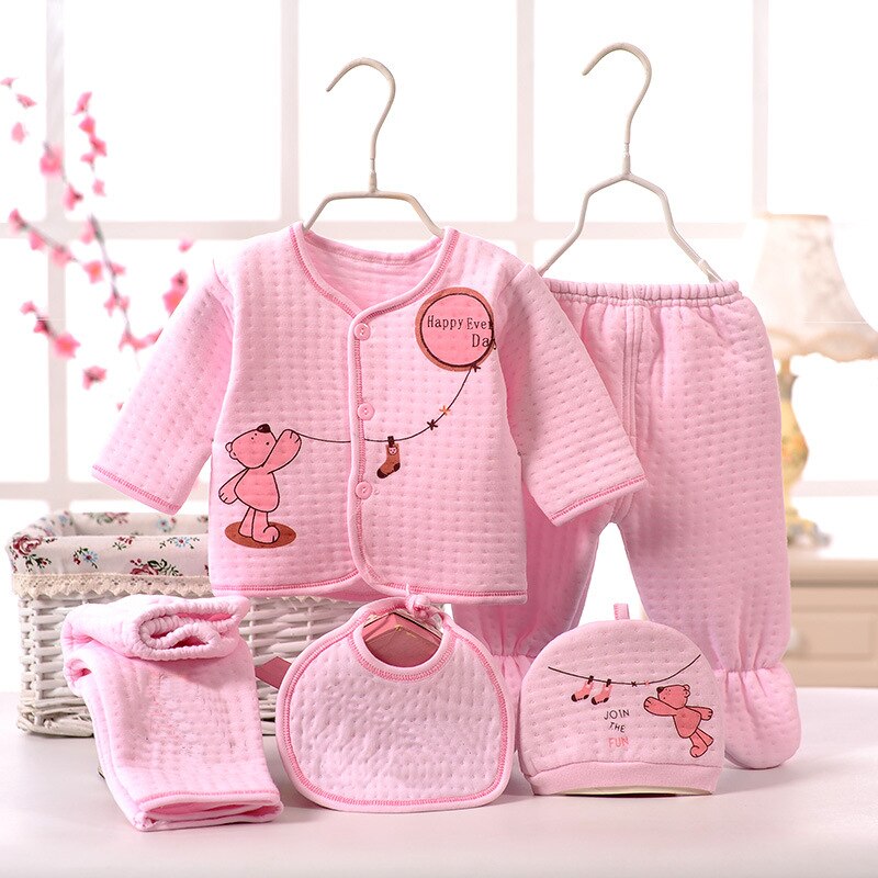 5pcs/sets Newborn Baby Unisex Clothing Soft Cotton Set Infant Long Sleeve Girls Shirt+pant Bibs Hat Suit Underwear